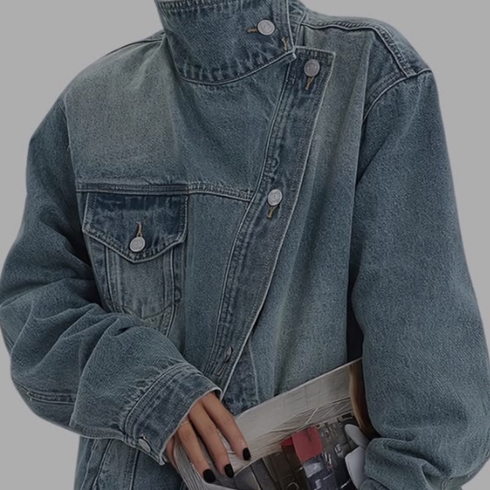 Women's Oversized Washed Denim  Jacket - Blue - High Collar